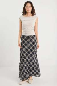 Bottoms: Rally black check chiffon tie waist bias maxi skirt