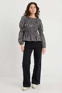 Required black check l/s shirred bodice top