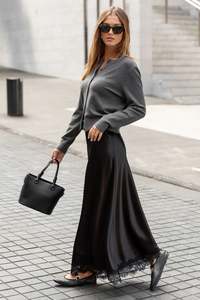 Bottoms: Margarita Black Satin Lace Trim Maxi Skirt