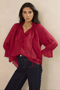 Among The Brave: Odyssey red shirred neck button mid sleeve top