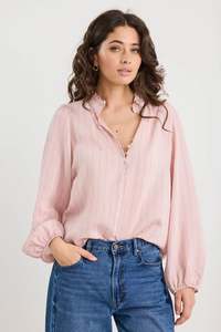 Premise blush stripe high neck buttoned l/s top