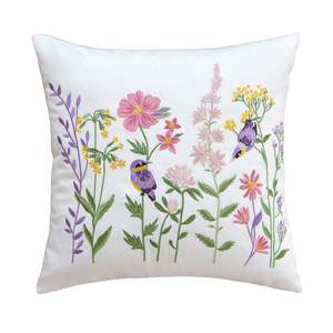 Throw Pillow with Flower and Bird Embroidery