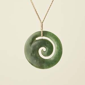 Koru Kahurangi Pounamu Large Pendant, Tan Binding