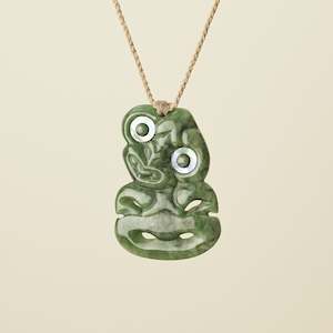 Hei Tiki: Hei Tiki Kahurangi Pounamu Large Pendant, Tan Binding