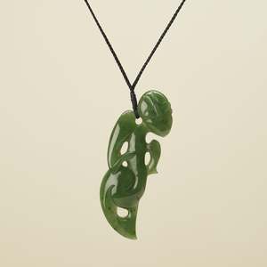 Hei Tiki Kawakawa Greenstone Extra Large Pendant, Black Binding