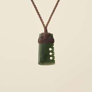 Autumn Sale 10: Notched Toki Kawakawa Extra Small Pounamu Pendant, Brown Binding