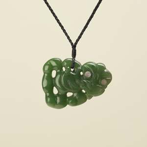 Hei Tiki Kawakawa Greenstone Large Pendant, Black Binding