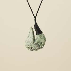 Hei Matau: Notched Hei Matau Kōkopu Greenstone Large Pendant, Black Binding