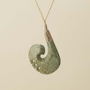 Notched Hei Matau Raukaraka Pounamu Large Pendant, Tan Binding