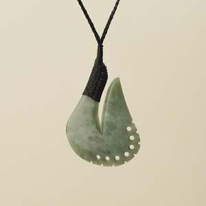 Protection: Notched Hei Matau Inanga Pounamu Large Pendant, Black Binding