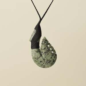Protection: Notched Hei Matau Kōkopu Greenstone Large Pendant, Black Binding