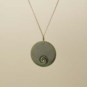 Porowhita Koru Pounamu Large Pendant, Tan Binding