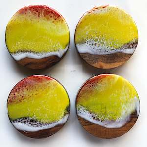 Wooden Boards And Coasters: Ocean Wave Coasters Set of 4 - Red/Yellow