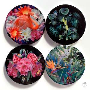 Ceramic Coasters: Ceramic Coaster Set of 4 - Tropical Garden Series (Circle)