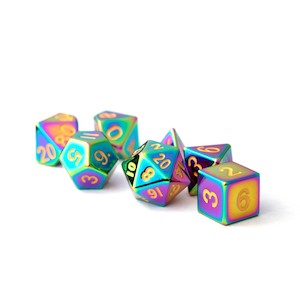 Polyhedral Dice: MDG 16m Metal Poly 7 piece dice set: Torched Rainbow