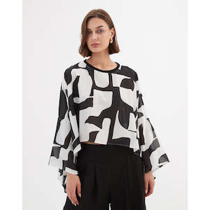 Silky Oversized Layer Top Black Abstract OS
