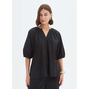 Gathered Notch Neck Top Black