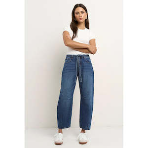 Pants: Campus Deep Blue Tie Waist Barrel Jeans