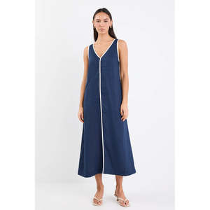 Apparel: Siesta Navy Linen Contrast Sleeveless Maxi Dress