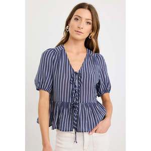Apparel: Restore Navy Stripe Peplum Top