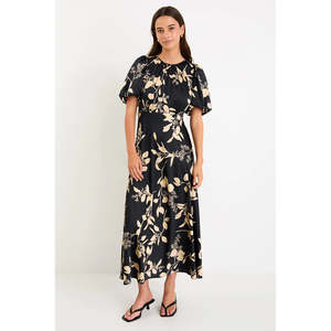 Stage Black Floral Satin Puff Sleeve Floaty Maxi Dress