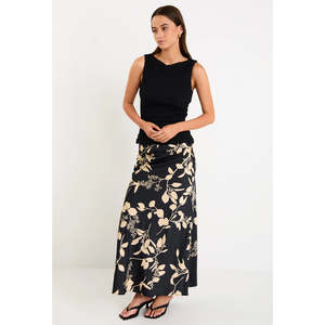 Apparel: Prodigy Black Beige Floral Satin Bias Cut Maxi Skirt