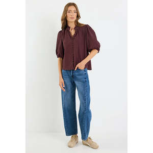 Apparel: Continuance Chocolate Semi Sheer High Neck Buttoned SS Top