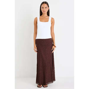 Apparel: Zeus Chocolate Lace Bias Maxi Skirt