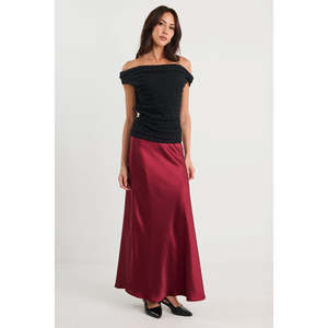 Apparel: Preserve Burgundy Satin Midi Skirt