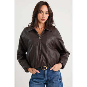 Apparel: Troupe Chocolate PU Leather Zip Bubble Hem Jacket