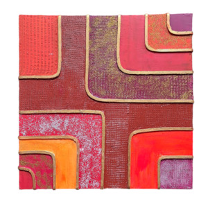 Textured Abstract Painting: Red, Pink, Gold, Glitter Accents