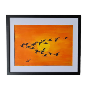 Portrait Paintings: Sunset and Ducks Wall Art - Modern Black Frame, Vibrant Colors