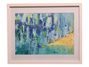 Textured Abstract Oil Painting: Brown, Blue, Yellow, Green & Black