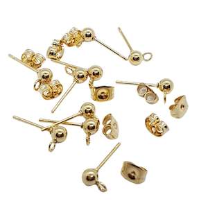 Earring Findings: 5pr 24k GP Stainless Steel Studs+Backs