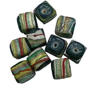 10pc Green Lampwork Beads With Stripes