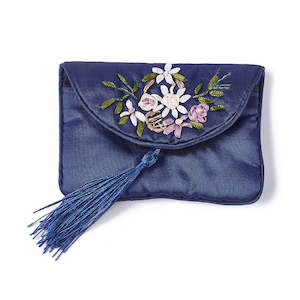 Bags And Wallets: Embroidered Blue Silk Pouch
