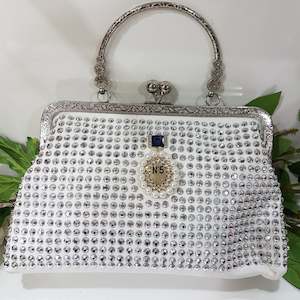 Bags And Wallets: White Rhinestone Metal - Handle Clutch Bag