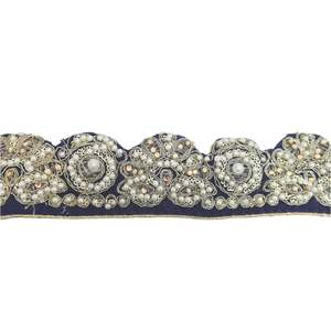 Dark Blue Fabric & Pearl Trim