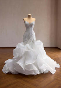 Mermaid Wedding Dress Beaded Corset Gown, Organza Ruffle Train, Cust - Art Kollocsion