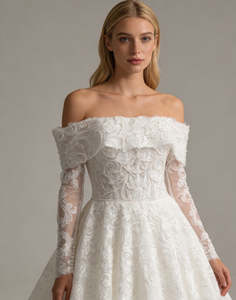 Off-Shoulder Lace beaded Ball Gown Wedding Dress with Long Sleeves - Art Kollocsion
