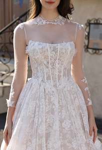 Cat Eye Neckline Lace Corset Ballgown with 3-D Flowers & Tulle Overlay - Art Kollocsion