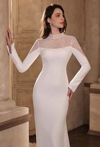 Sparkling Sheer High-Neck Beaded Mesh Gown with Long Sleeves & Pearls, - Art Kollocsion