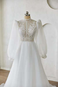 Products: High-Neck Lace Wedding Dress with Chiffon Skirt & Puff Sleeves - Art Kollocsion