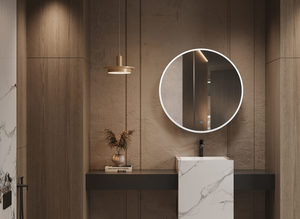 ARUVO™ HALO Framed Round Mirror w/ LED Light & Demister 800mm Matte White