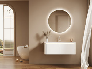 Products: ARUVO® VEIL Framed Round Mirror w/ Backlit LED Light & Demister 800mm Brushed Brass