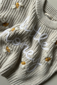 Knitwear Collections: Hand Embroidered Heritage Knit Sweater - Oat Marle
