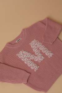 Hand Embroidered Initial Design Oversized Knit Sweater - Sweet Pink
