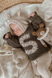 Hand Embroidered Initial Design Oversized Knit Sweater - Chocolate