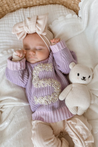Hand Embroidered Initial Design Chunky Knit Sweater - Wisteria