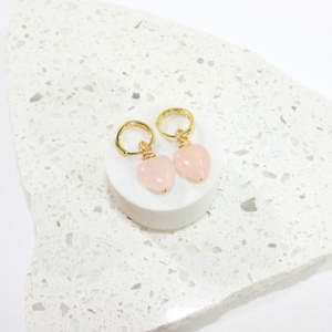 NZ-made rose quartz heart crystal huggie earrings